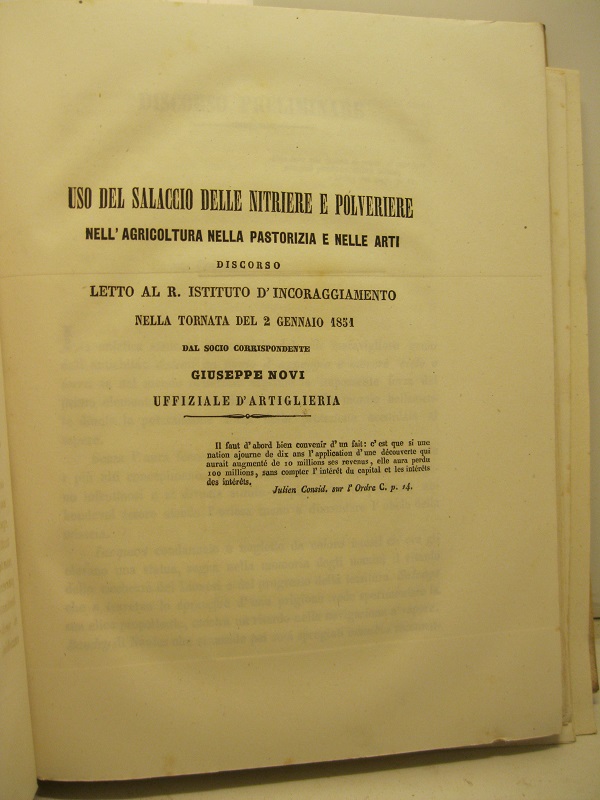 Uso del salaccio delle nitriere e polveriere nell'agricoltura nella pastorizia e nelle arti. Discorso letto al R. Istituto d'incoraggiamento nella tornata del 2 gennaio 1851